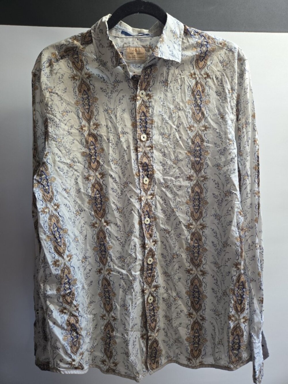 Tommy Bahama Mens Paisley Hawaiian Button Up Shirt 100% Soft Blues Browns Medium